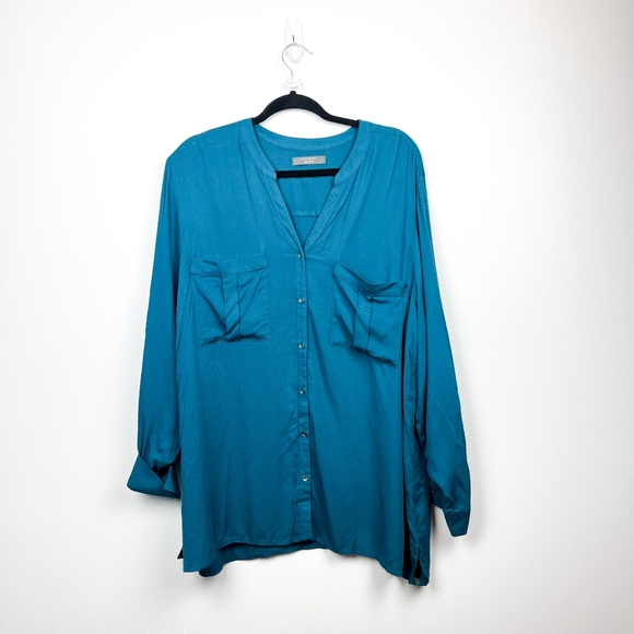 Denver Hayes Tops - Denver Hayes Long Sleeve Blue Button-Up Blouse